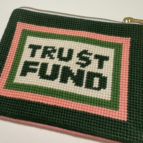 NWT Two's Company "Trust Fund" Needlepoint Coin Pouch Green Pink Velvet Preppy - Picture 4 of 8